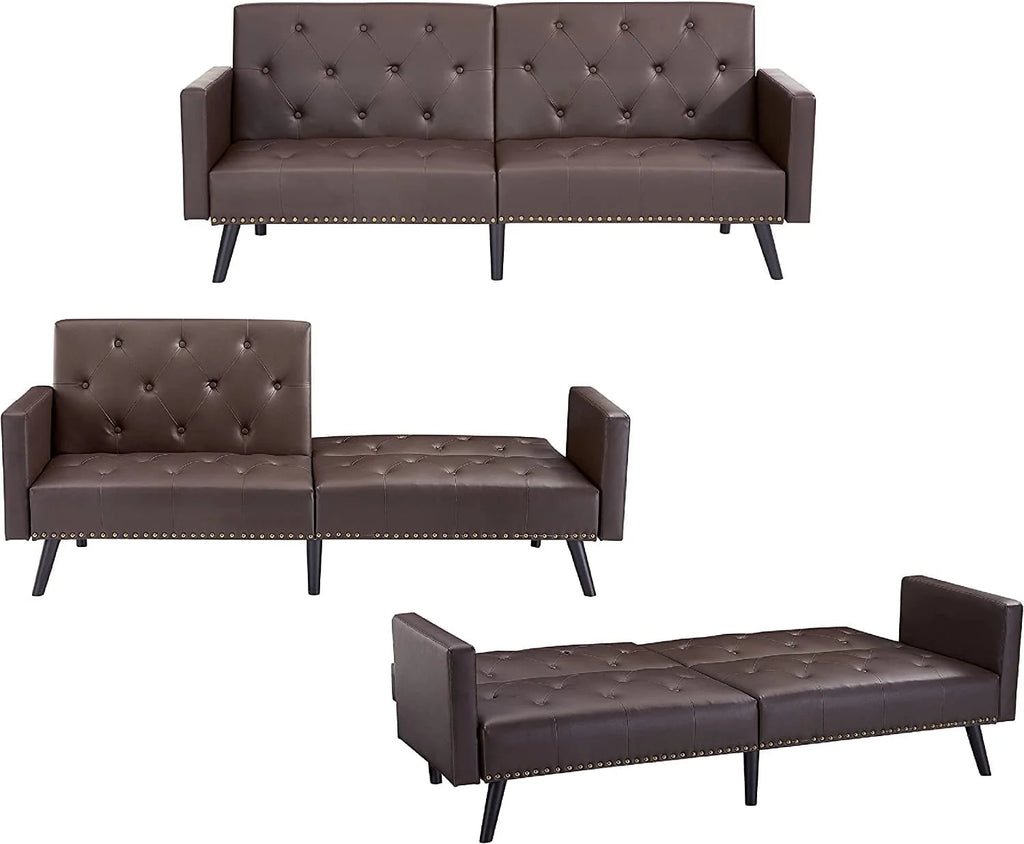 Espresso Faux Leather Tufted Convertible Sofa Bed O3672