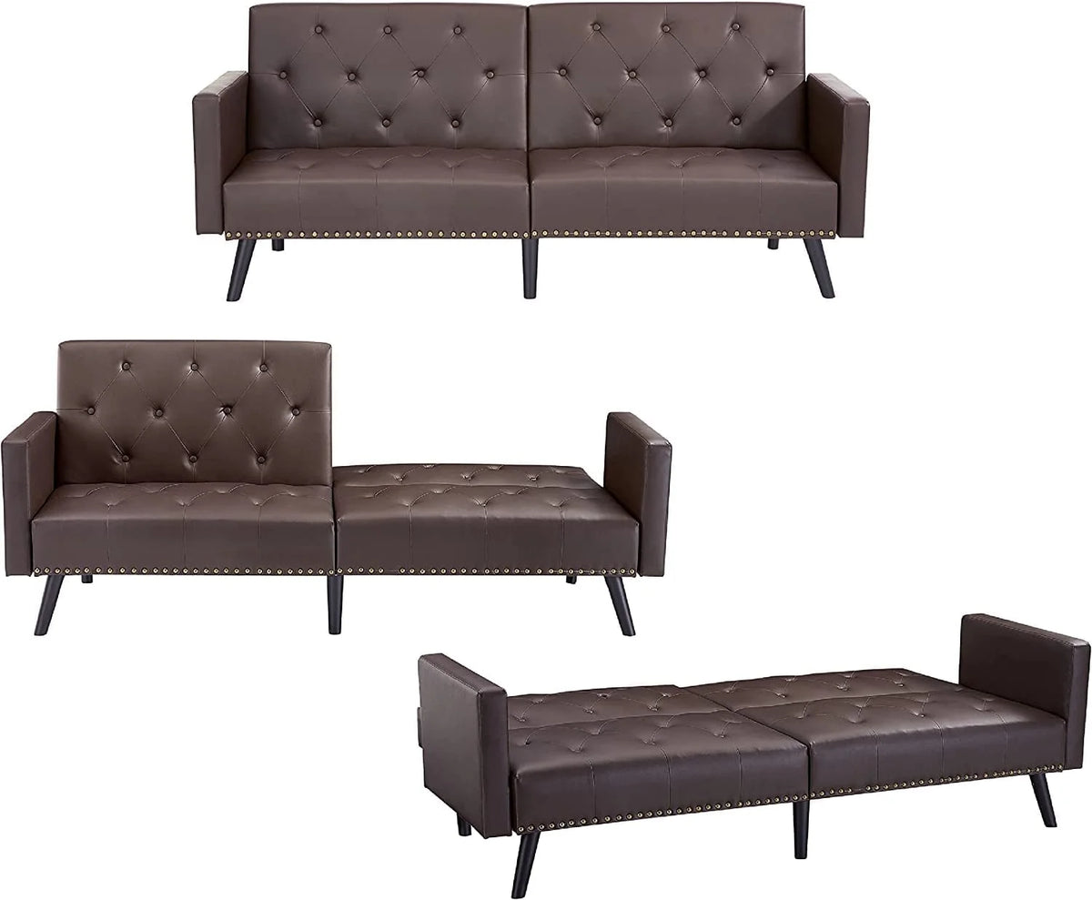 Espresso Faux Leather Tufted Convertible Sofa Bed O3672