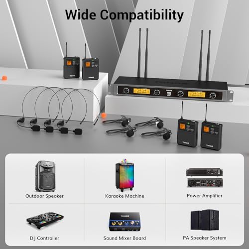 UHF Wireless Microphone System with Headset and Lapel Mics, Bodypack Transmitter, Receiver, 2x15 Channels T415478