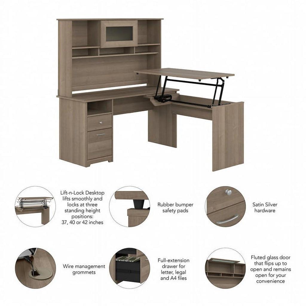 Ash Gray Engineered Wood Sit to Stand L Desk with Hutch A981083