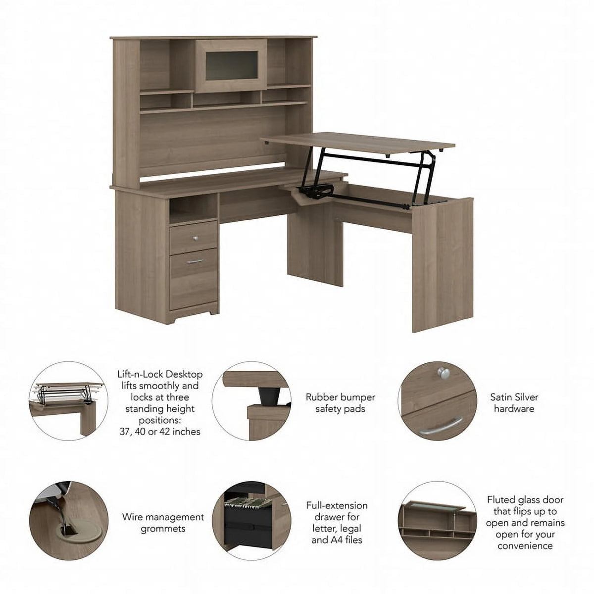 Ash Gray Engineered Wood Sit to Stand L Desk with Hutch A981083