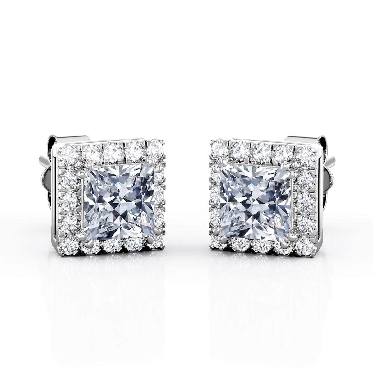 Double Prong 0.43 Carat Princess Cut Diamond Halo Stud Earrings in 10K White Gold N978718