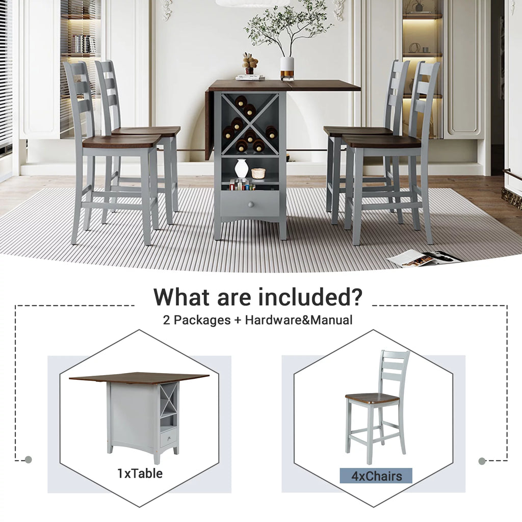Wood 5-Piece Counter Height Dining Table Set with Rack and Drawers Y503502
