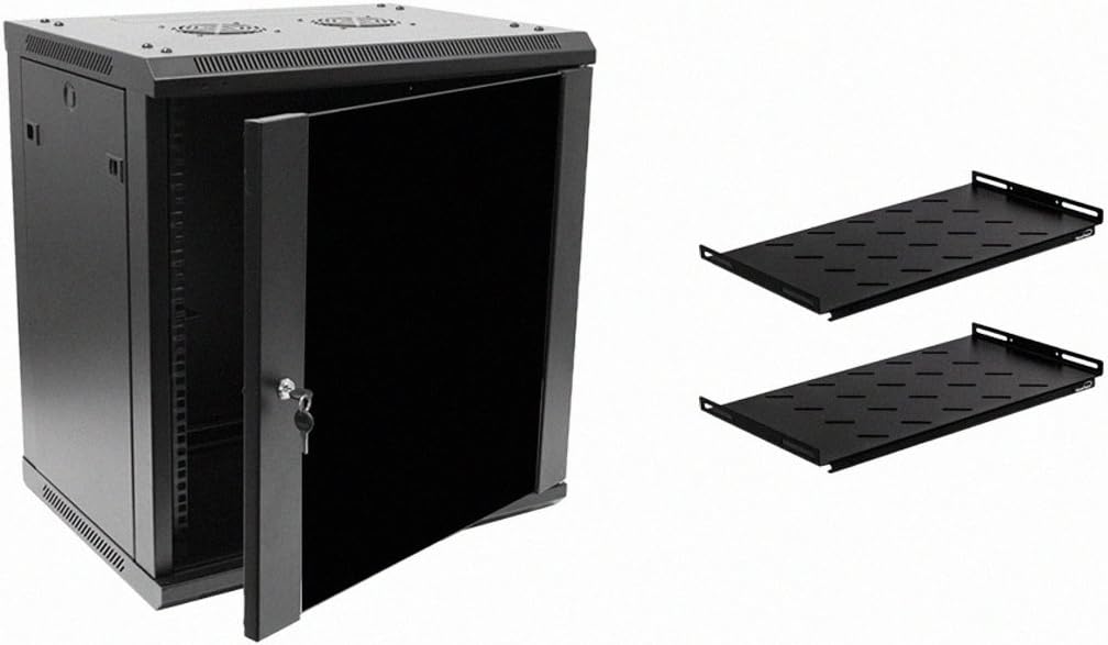 12U Wallmount Cabinet Enclosure 19-Inch Server Network Rack with Locking Glass Door Black with Shelves U641211