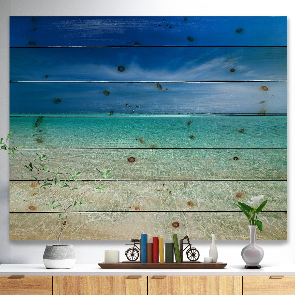 Modern Seascape Print on Natural Pine Wood C338474