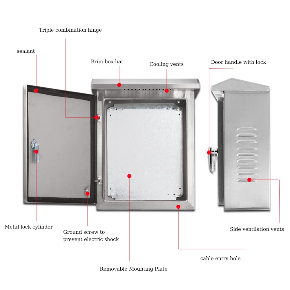 304 Stainless Steel Electrical Box 20'' x 16'' x 8'' IP65 Weatherproof Enclosure with Mounting Plate R46721