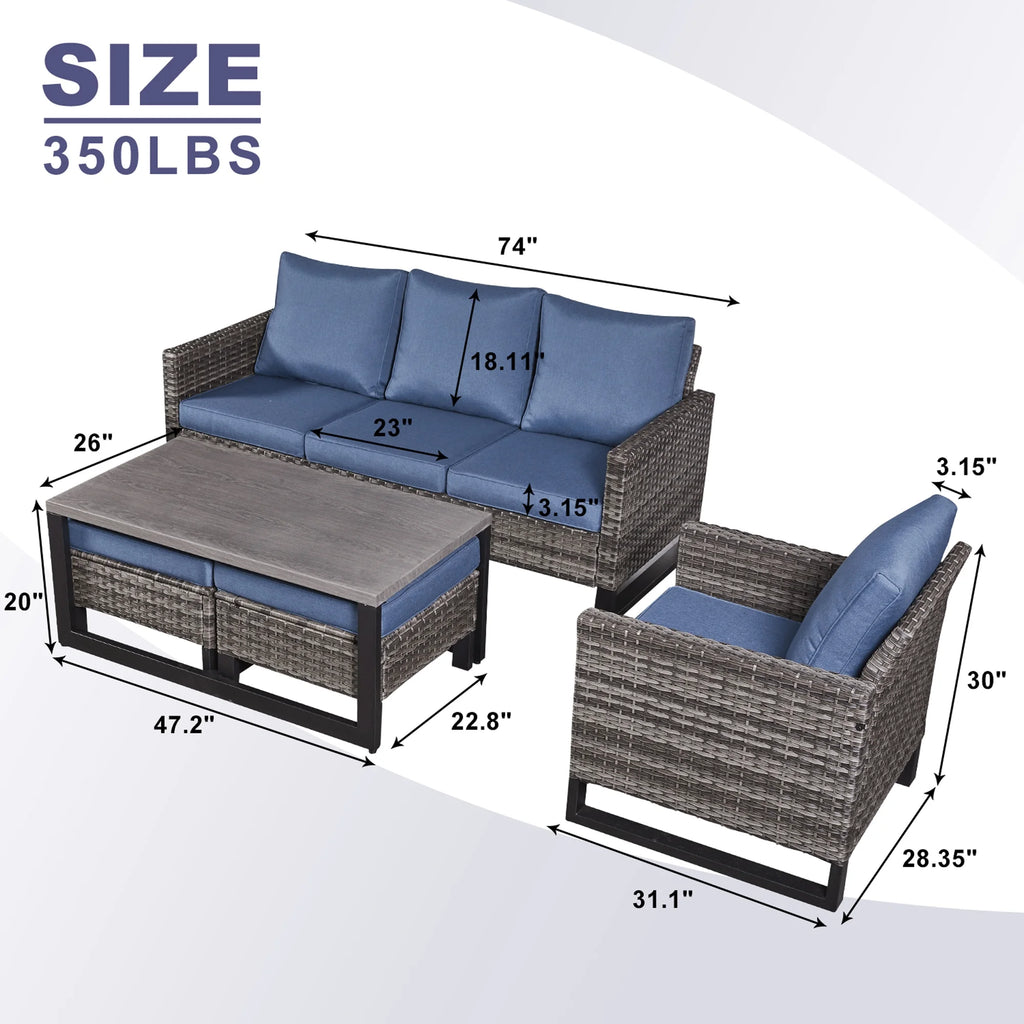 Blue Cushion Rattan Patio Furniture Set with Sofa, Chairs, Coffee Table and Ottomans G435007