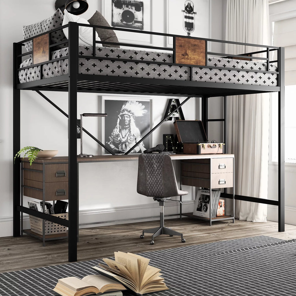 Metal Twin Size Loft Bed Frame with Stairs & Full-Length Guardrail S69130