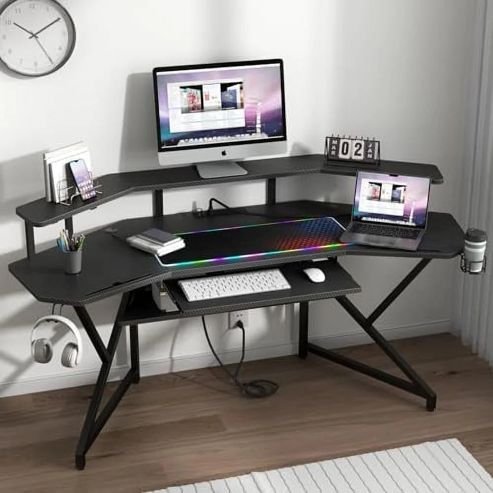 72" Gaming Desk with Power Outlet & Led Strip N8545