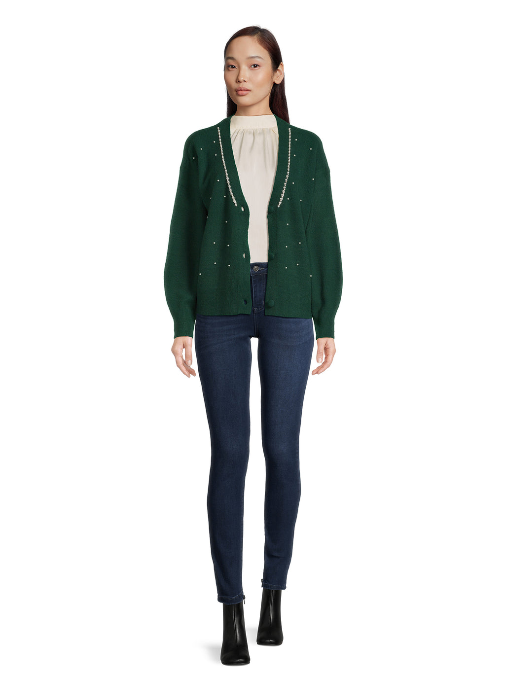 Women's V-Neck Embellished Button Front Cardigan with Long Sleeves T303