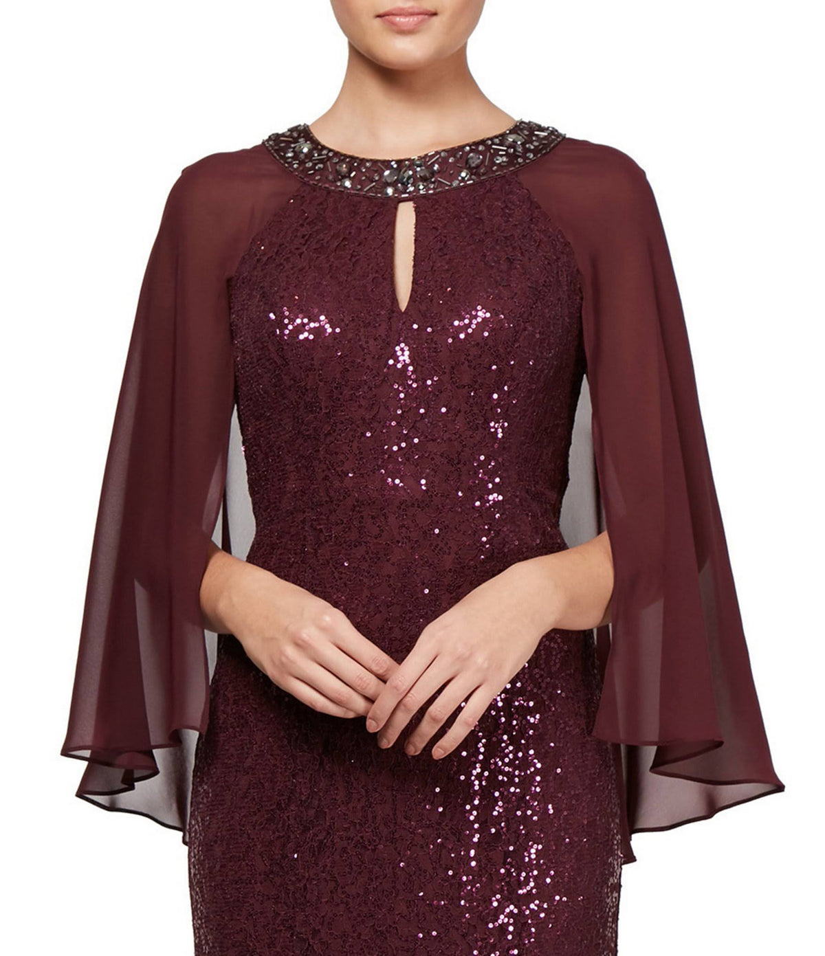 Sequin Lace Chiffon Capelet Gown I10418