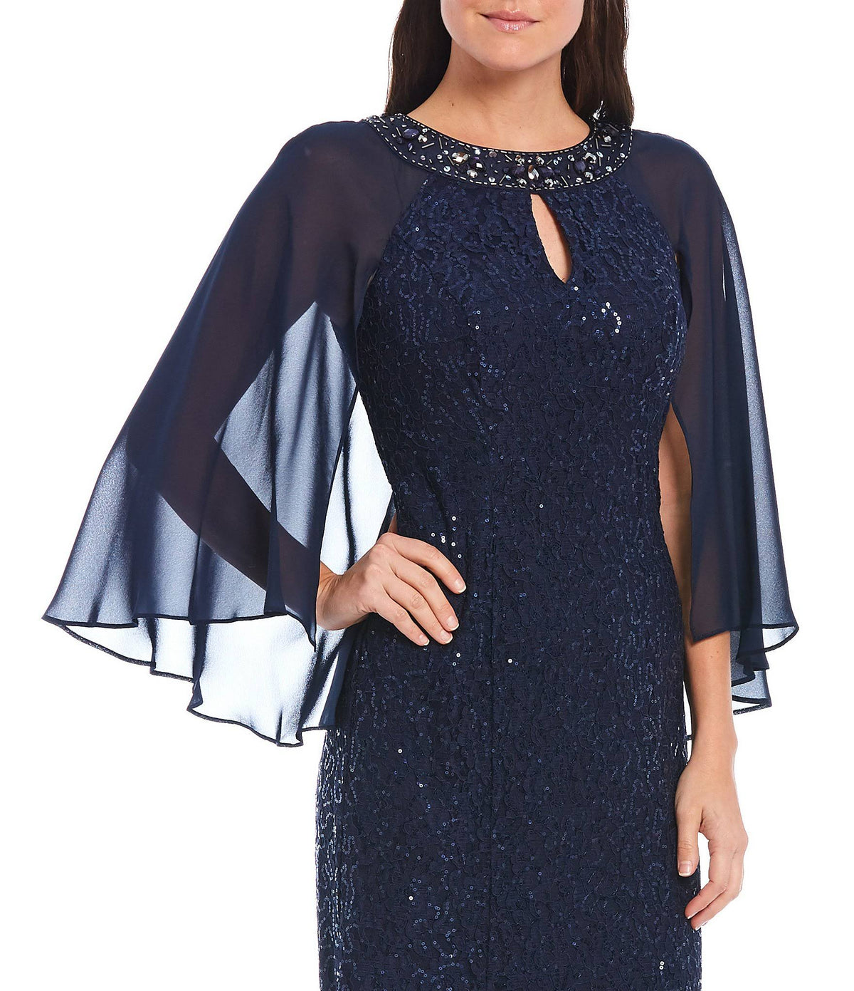 Sequin Lace Chiffon Capelet Gown I10418