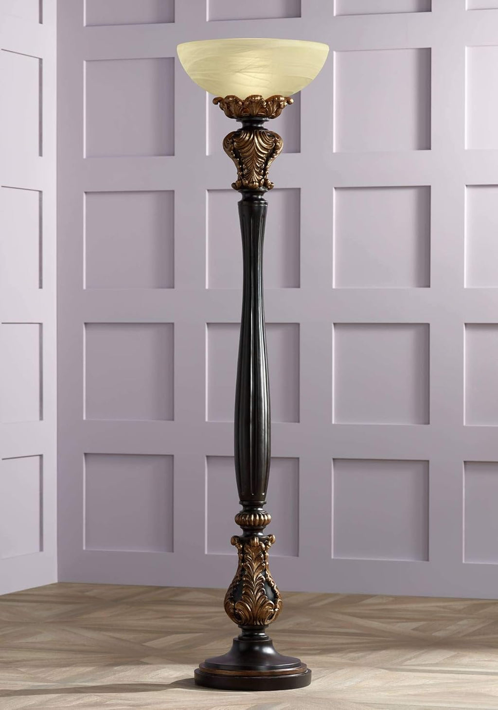Tall Carved Wood Amber Glass Torchiere Floor Lamp M95527