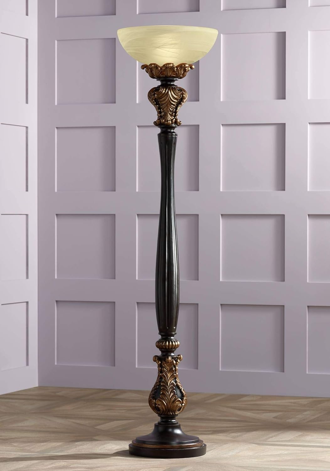 Tall Carved Wood Amber Glass Torchiere Floor Lamp M95527