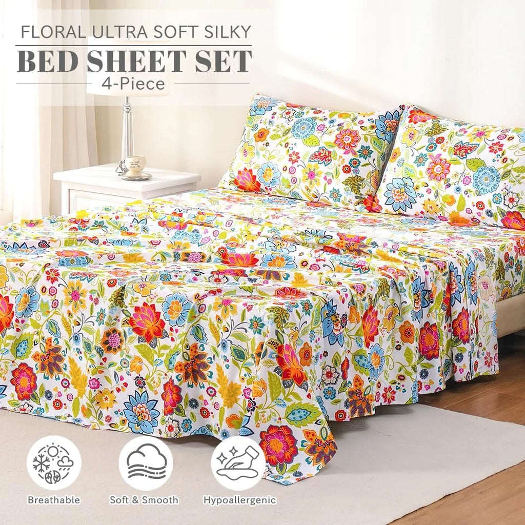 Queen Size 4 Piece Microfiber Floral Bed Sheets H291373