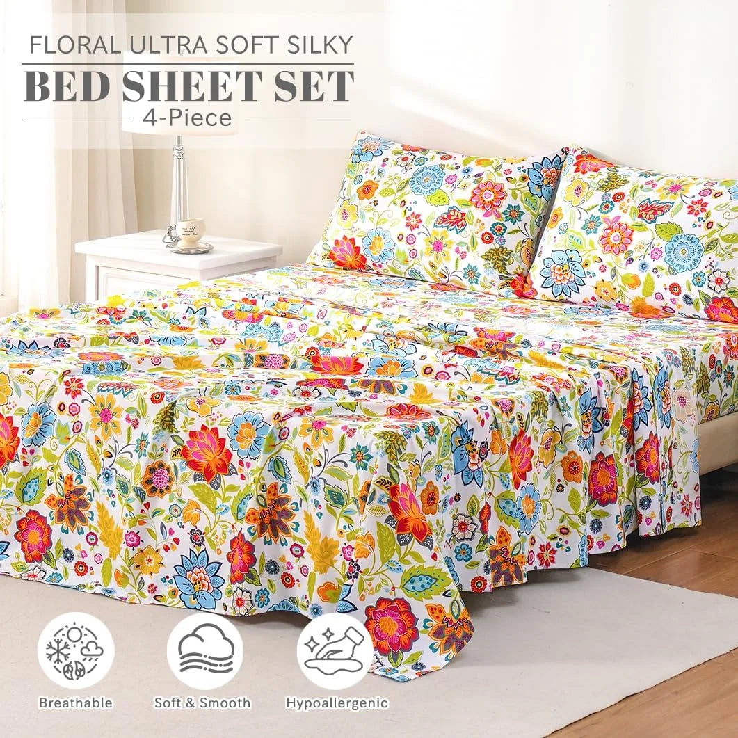 Queen Size 4 Piece Microfiber Floral Bed Sheets H291373