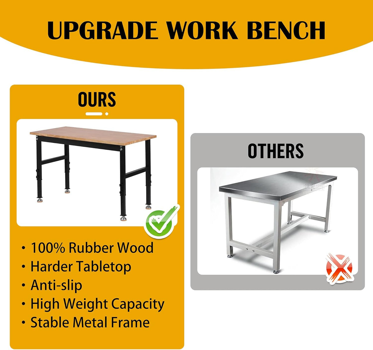 48 Heavy-Duty Adjustable Workbench Rubber Wood Shop Table S564