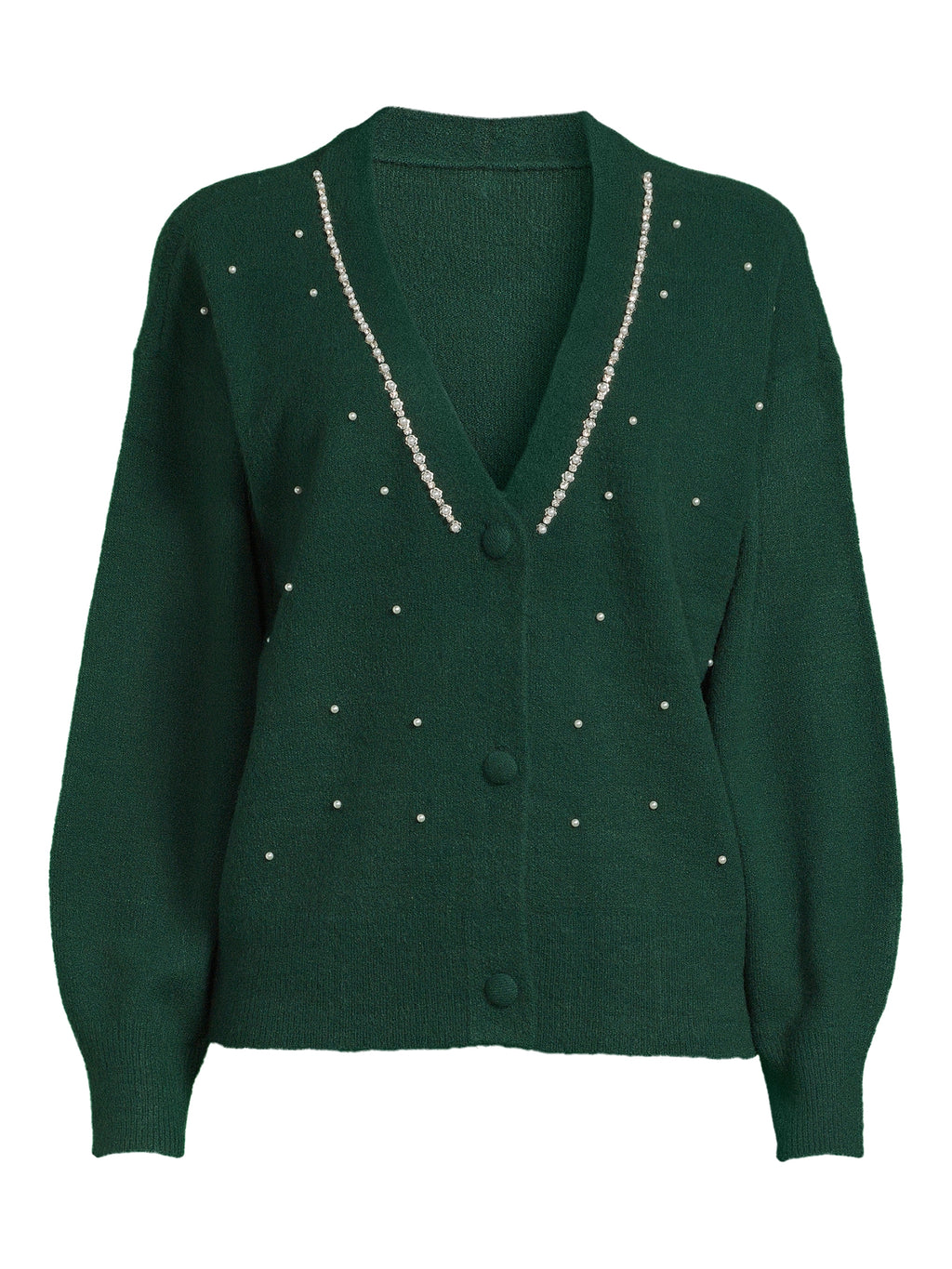 Women's V-Neck Embellished Button Front Cardigan with Long Sleeves T303