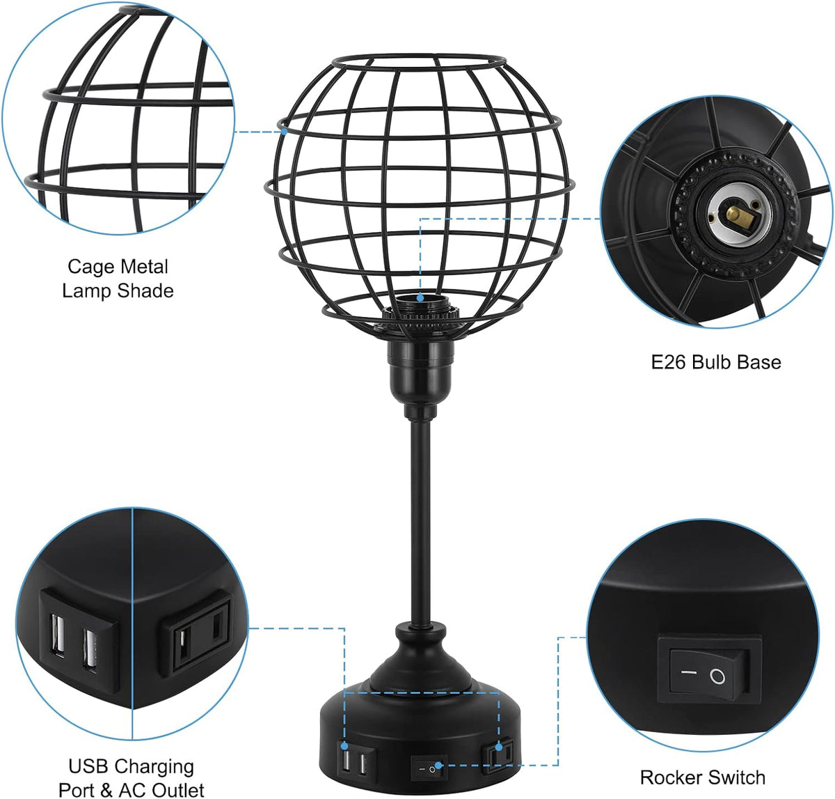 Industrial Table Lamp with USB Ports and Outlets E654356