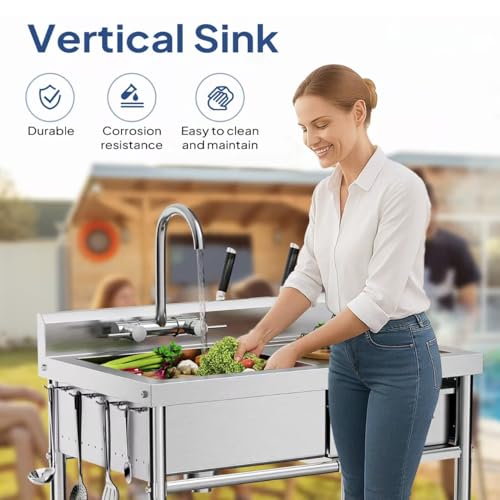 Stainless Steel Freestanding Utility Sink with Workbench Drawer Double Shelves Y566