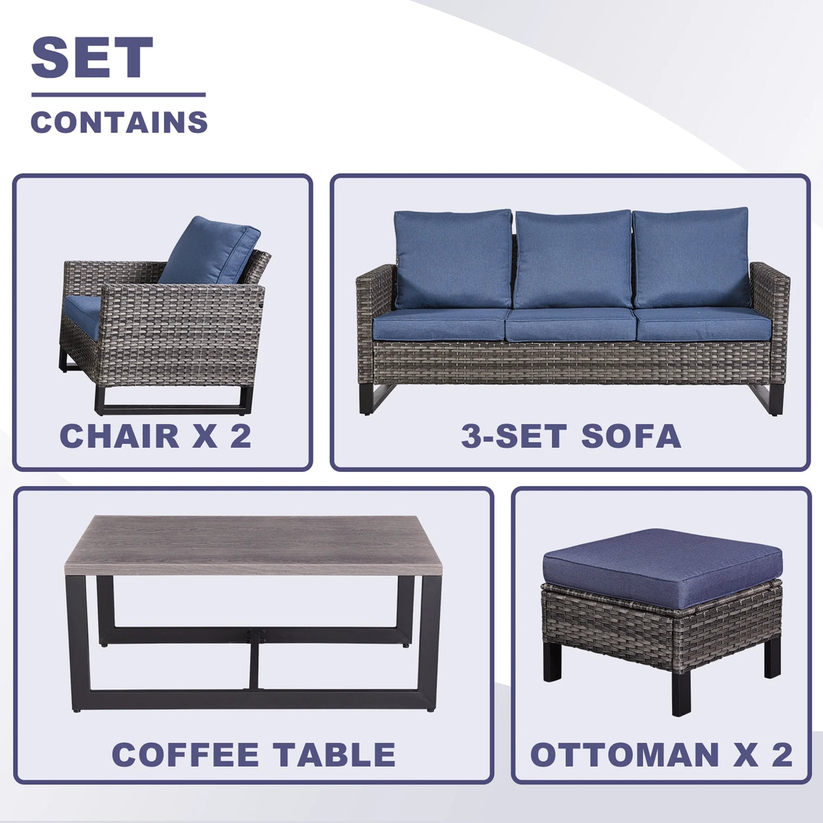 Blue Cushion Rattan Patio Furniture Set with Sofa, Chairs, Coffee Table and Ottomans G435007