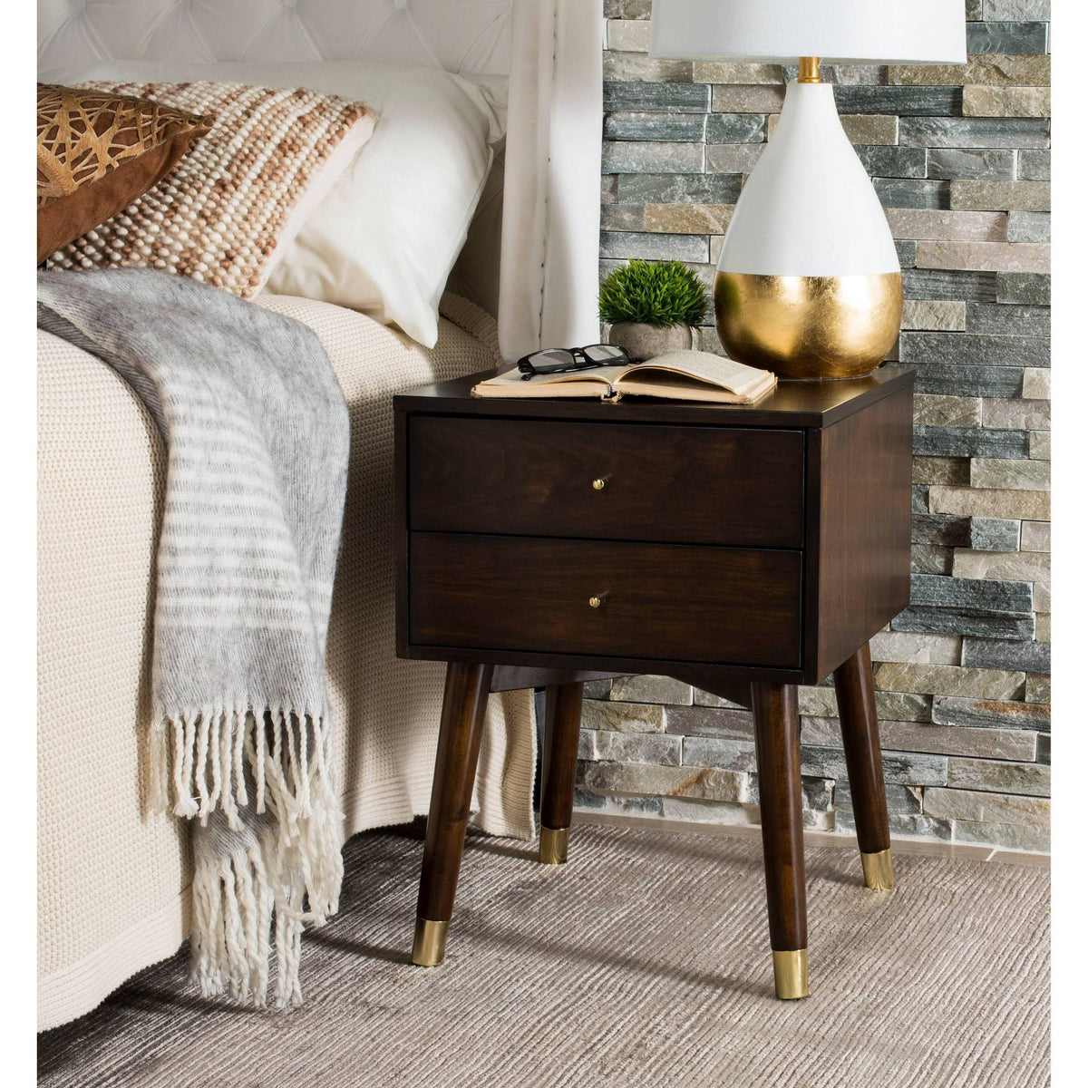 Walnut/Gold Cap Nightstand H698
