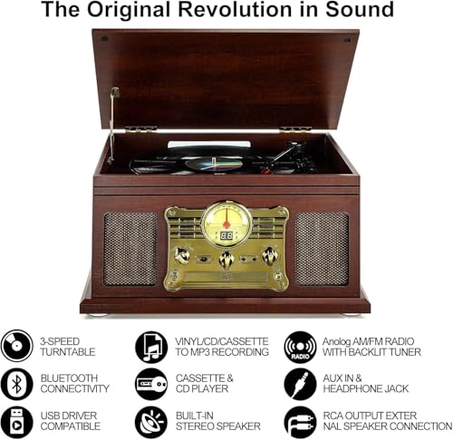 Mahogany Bluetooth Turntable with Speakers E5499