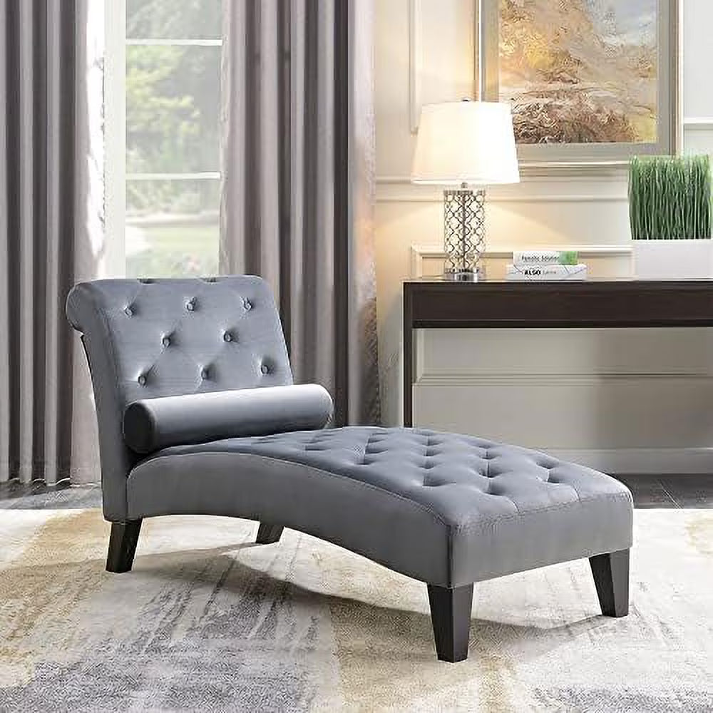 Beige Upholstered Chaise Lounge Sofa with Button Tufted Back and Hardwood Legs S539