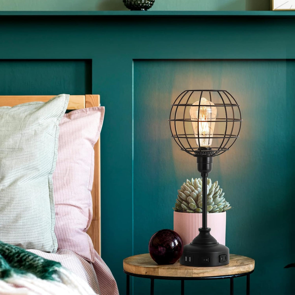 Industrial Table Lamp with USB Ports and Outlets E654356