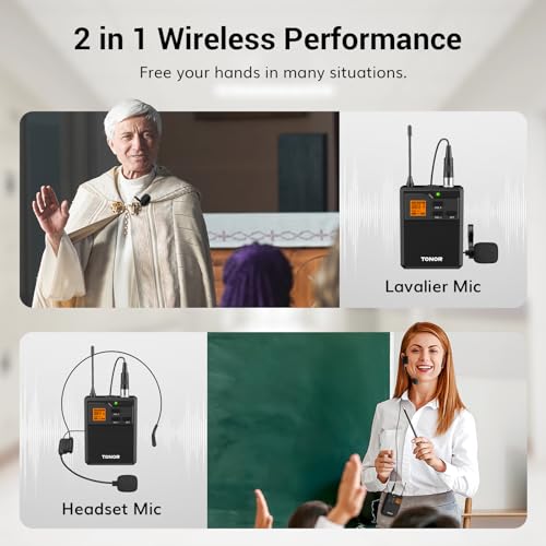 UHF Wireless Microphone System with Headset and Lapel Mics, Bodypack Transmitter, Receiver, 2x15 Channels T415478