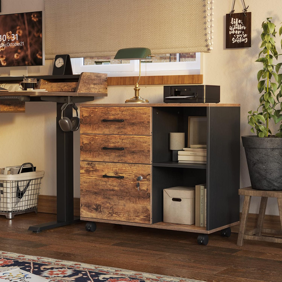 Triple Motor L-Shaped Electric Standing Desk with 3 Drawers, 63 x 24 Inches Rustic Brown Top/Black Frame U808