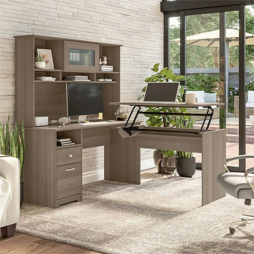 Ash Gray Engineered Wood Sit to Stand L Desk with Hutch A981083