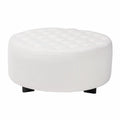 Ivory Boucle Upholstered Black Wood Round Ottoman E9393