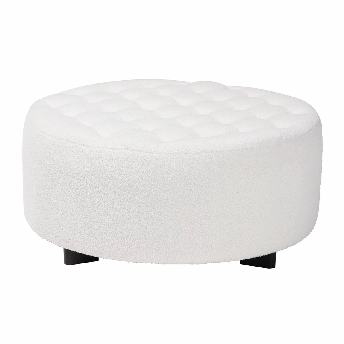 Ivory Boucle Upholstered Black Wood Round Ottoman E9393