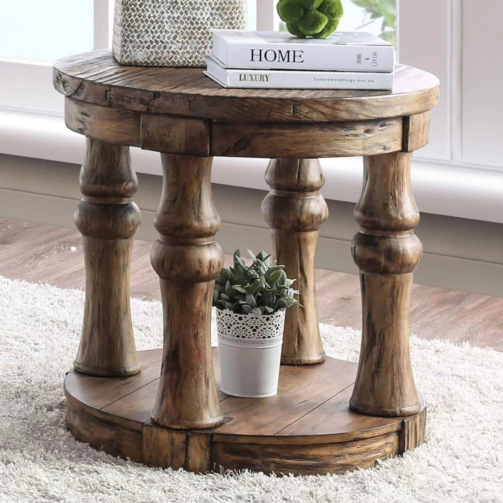 Round Wooden End Table with Open Shelf Antique Oak O780284