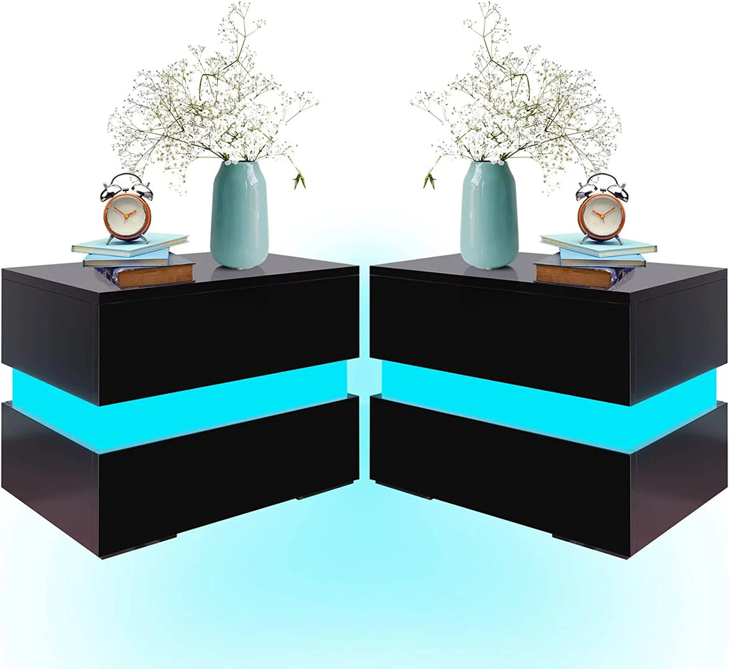 Black LED Nightstand Set of 2 with 2 Storage Drawers K958512