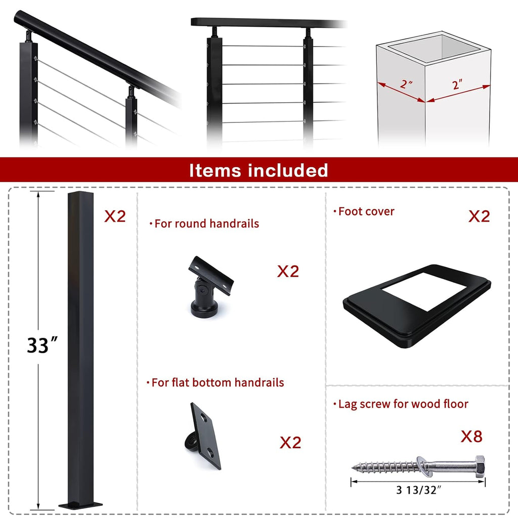 Black Stainless Steel Surface Mount Cable Railing Post 36"x2"x2" 2Pack H305472