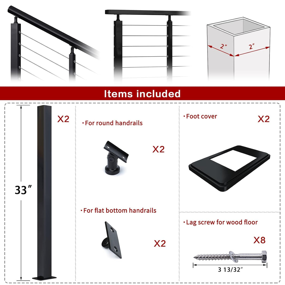 Black Stainless Steel Surface Mount Cable Railing Post 36"x2"x2" 2Pack H305472
