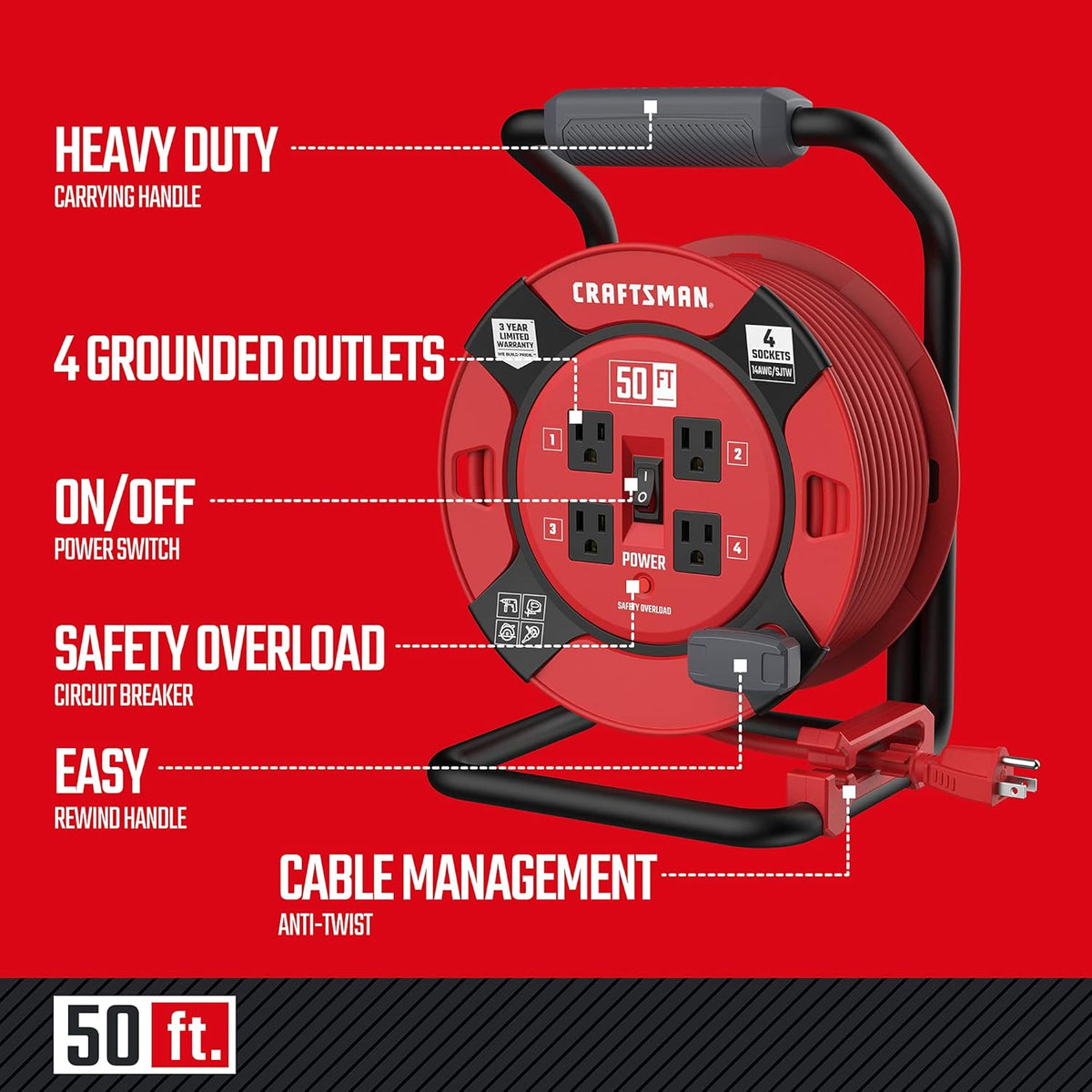 Heavy Duty Retractable Extension Cord, 100 feet with 4 Outlets P166092