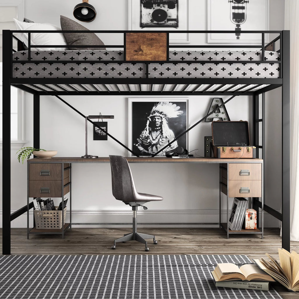 Metal Twin Size Loft Bed Frame with Stairs & Full-Length Guardrail S69130