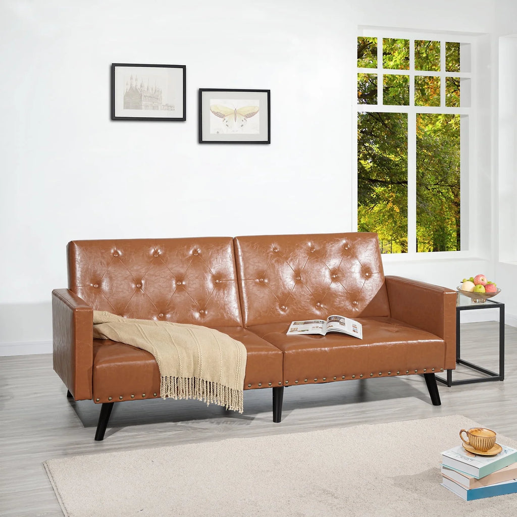 Espresso Faux Leather Tufted Convertible Sofa Bed O3672