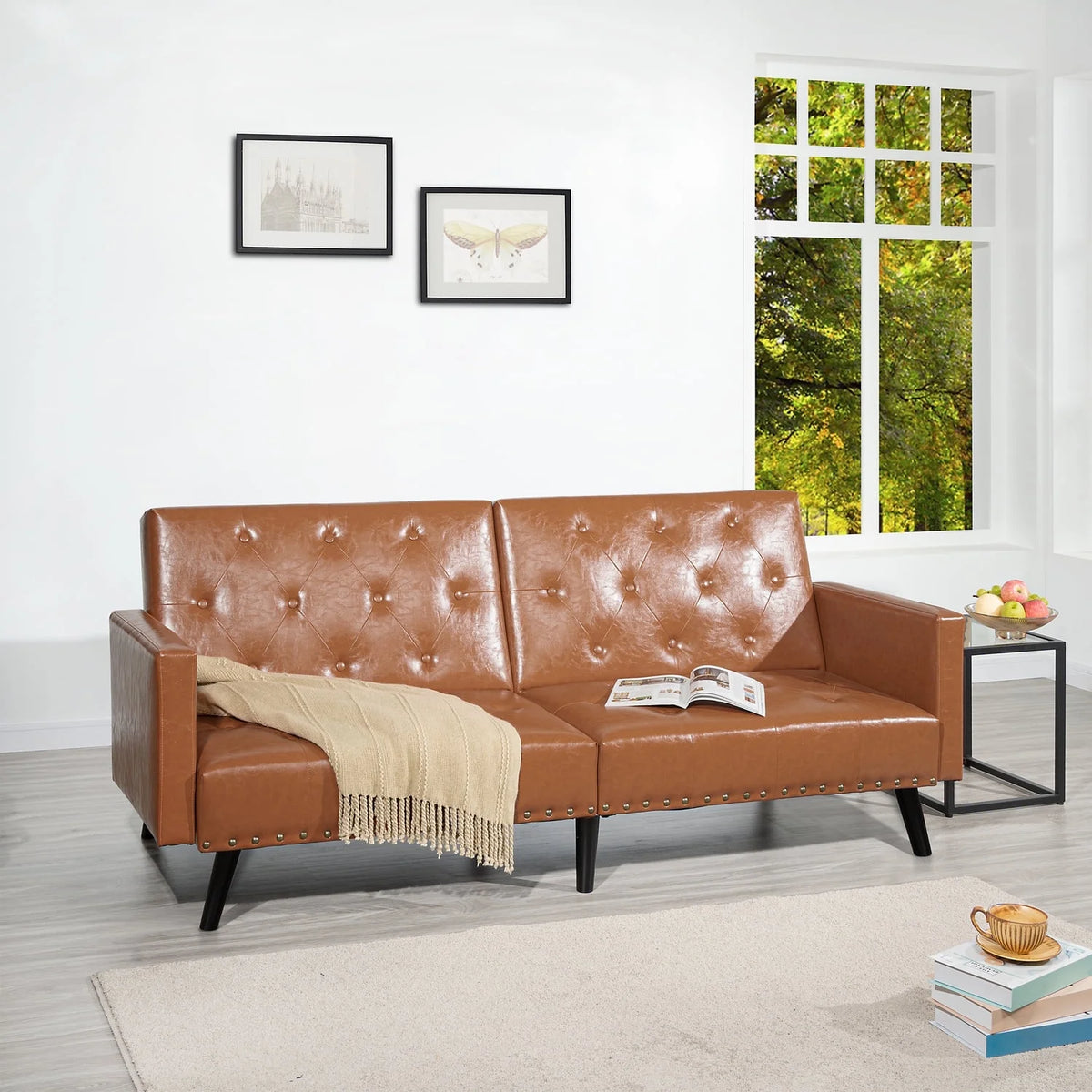 Espresso Faux Leather Tufted Convertible Sofa Bed O3672