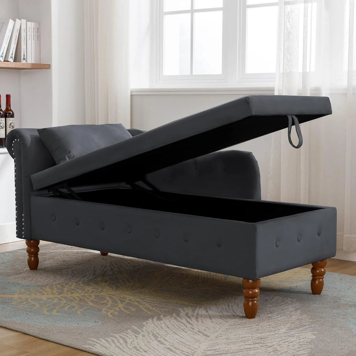 Black Velvet Chaise Lounge Chair with Storage & Pillow B1062