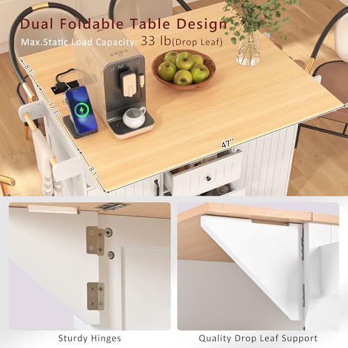 55.7'' Rolling Kitchen Island with 2 Drop Leaves and 3 Drawers T5933