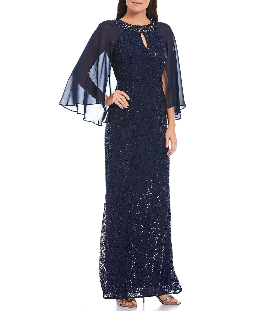 Sequin Lace Chiffon Capelet Gown I10418