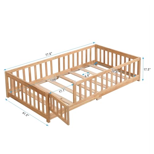 Gray Solid Wood Twin Size Floor Bed with Rails and Slats B465