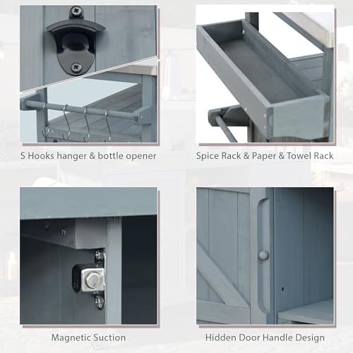 Solid Wood Grill Table with Stainless Steel Top and Internal Storage Racks S11441