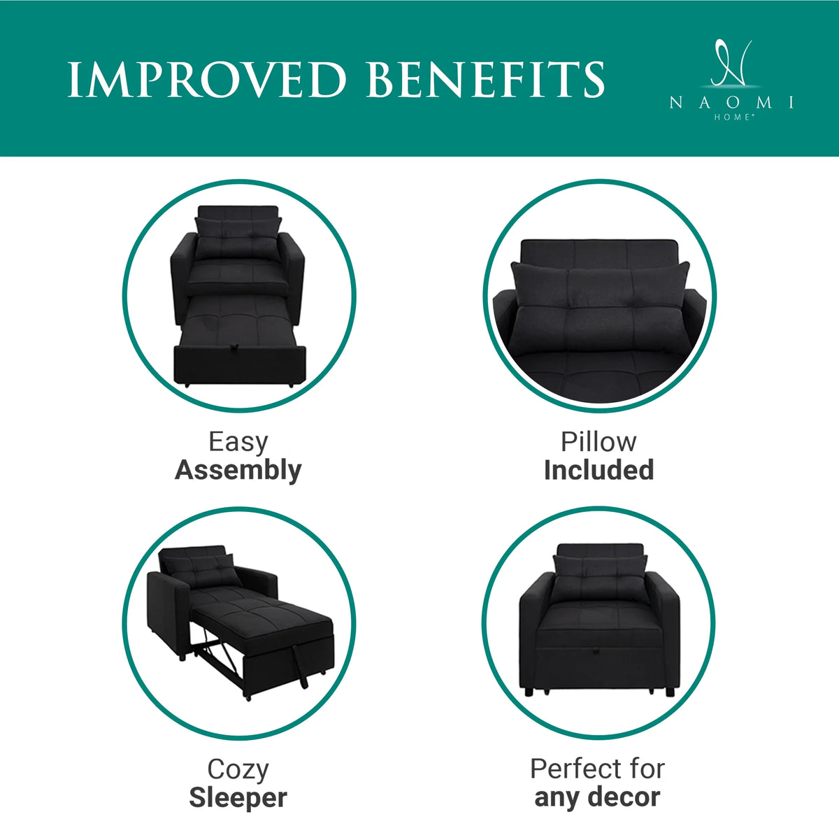 Black 3 in 1 Convertible Chair Bed Sleeper with Pillow E94895