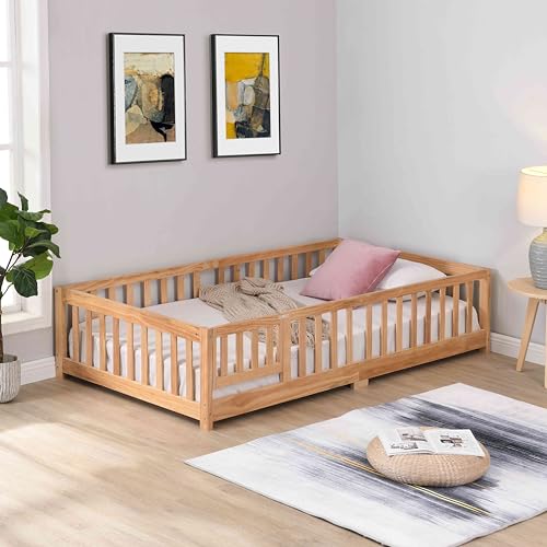 Gray Solid Wood Twin Size Floor Bed with Rails and Slats B465