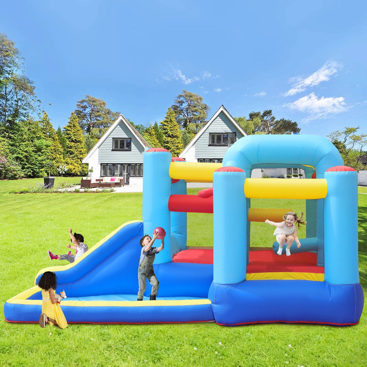 Inflatable Water Slide Bounce House with Splash Pool & Basketball Rim M46873